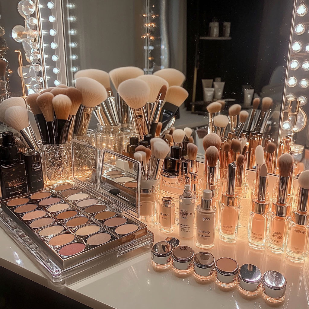 Chic makeup setup with high-quality brushes, an eyeshadow palette, and foundation bottles, set on a well-lit vanity with a glamorous mirror and soft lights.