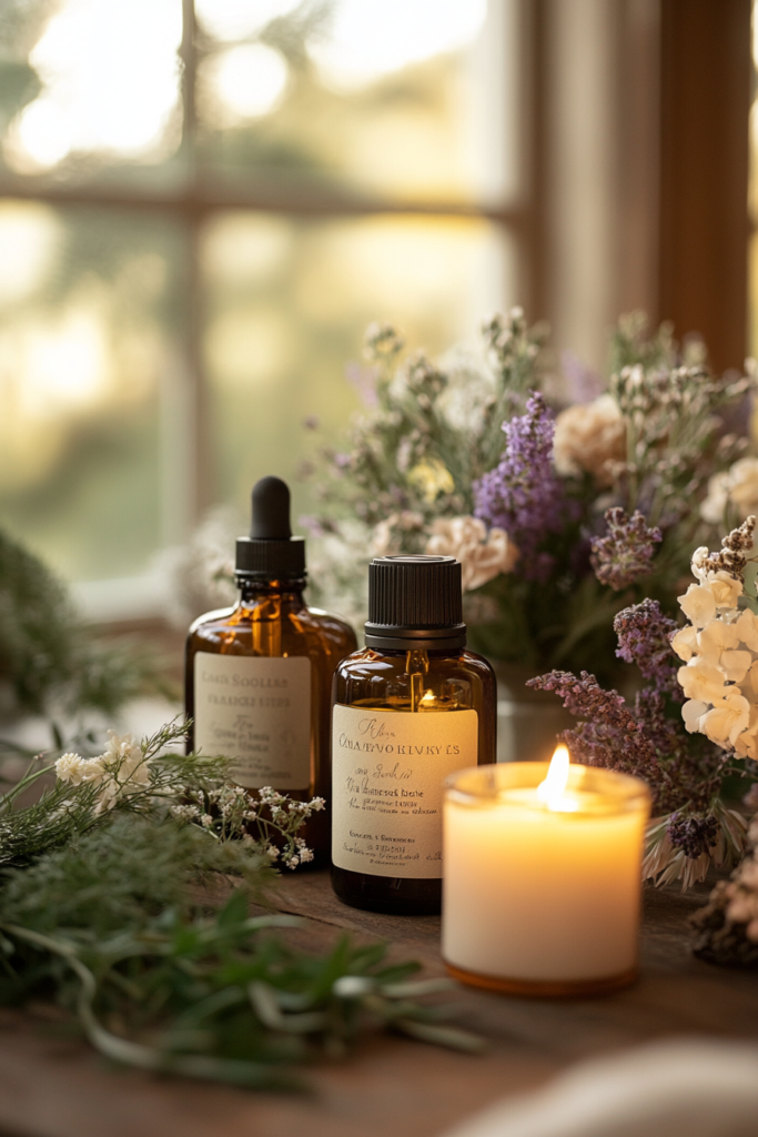 Elegant glass bottles of essential oils labeled with scents like lavender, eucalyptus, and citrus, surrounded by fresh herbs, delicate flowers, and a glowing candle on a serene tabletop with warm ambient lighting.