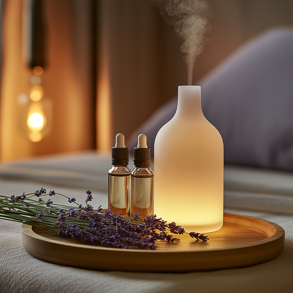 Glass bottles of essential oils and a glowing diffuser with fresh lavender sprigs on a wooden tray, set against a calming background with gentle light.