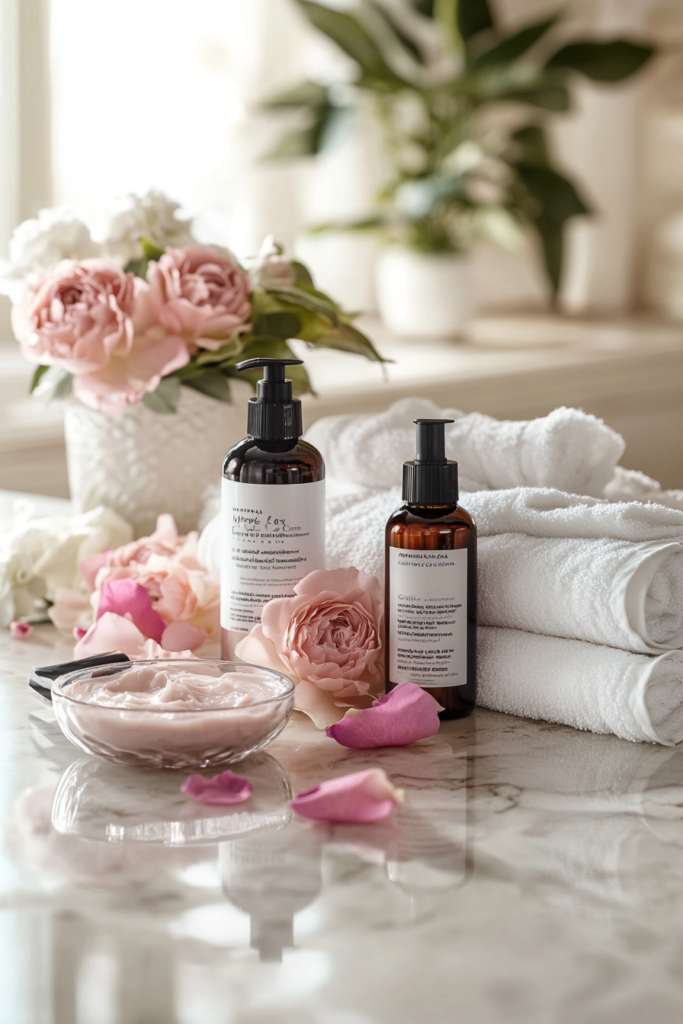 Luxurious display of skincare products, including a gentle cleanser, hydrating mask, and nourishing serum