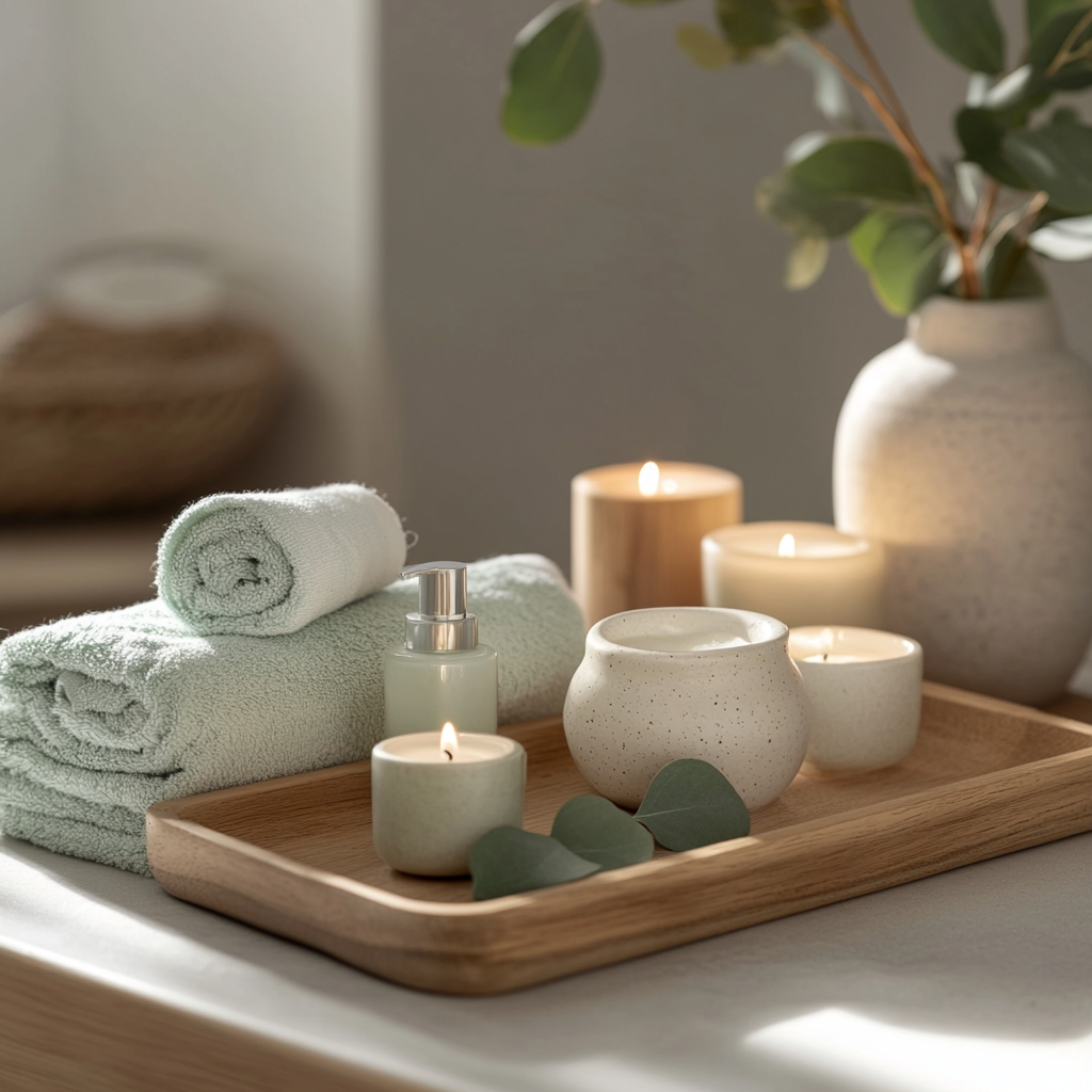 Luxurious facial treatment products arranged on a wooden tray with soft towels, eucalyptus leaves, and glowing candles in a serene spa setting.