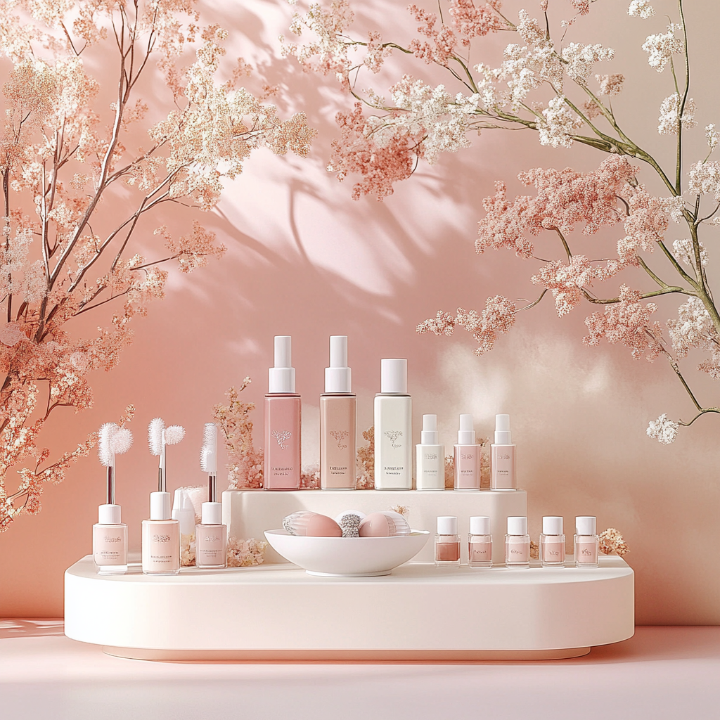 Modern nail care station featuring elegant nail polish bottles, a manicure bowl, and precision tools with pastel background and floral accents.