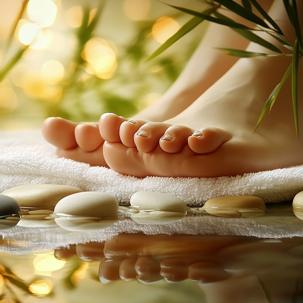 Relaxed feet resting on a soft towel with illustrated reflexology pressure points, surrounded by river stones, bamboo stalks, and essential oils in a calming environment.