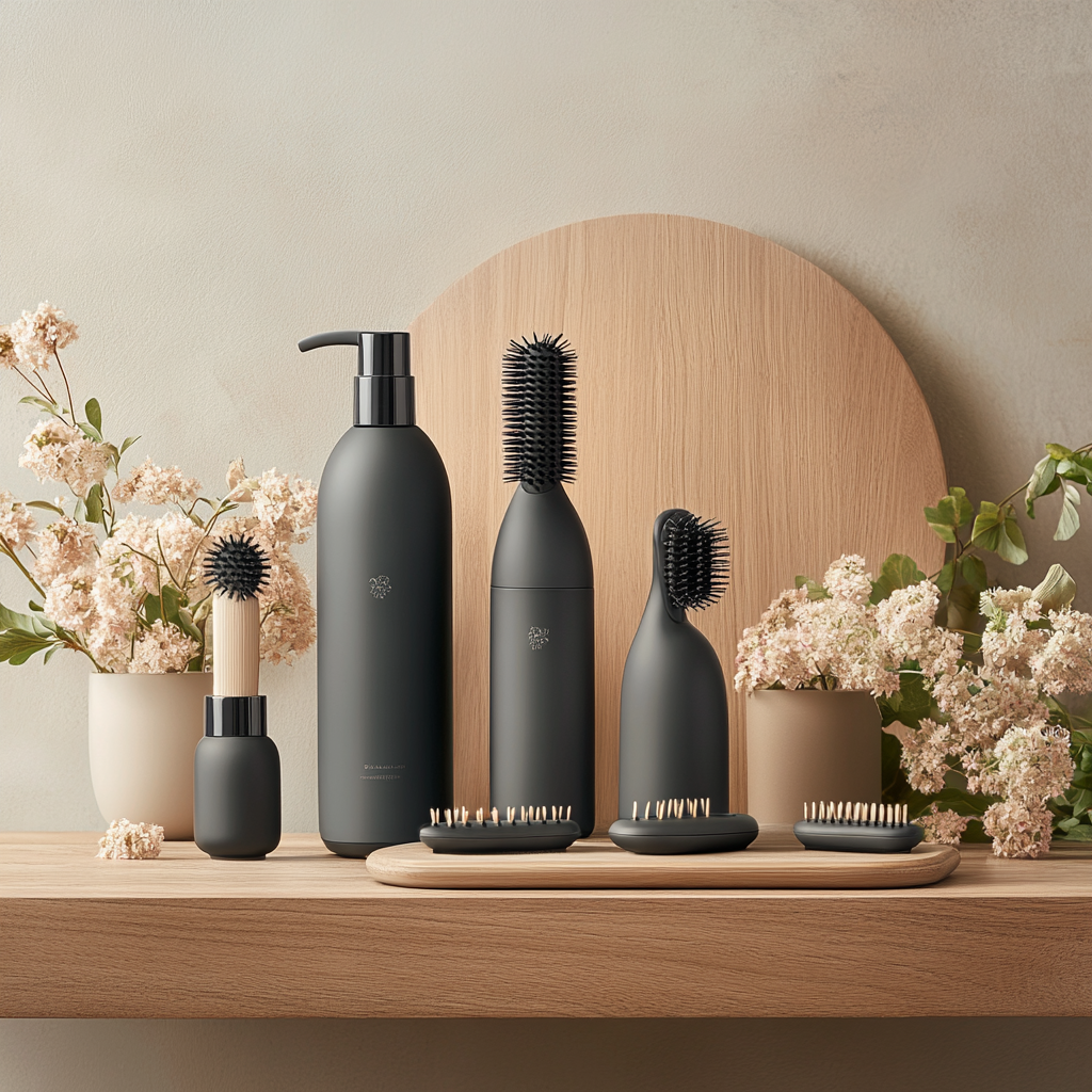 Stylish hair care scene with premium hair products, sleek hair tools, and a hairbrush set, accented by fresh flowers in a minimalist setting.